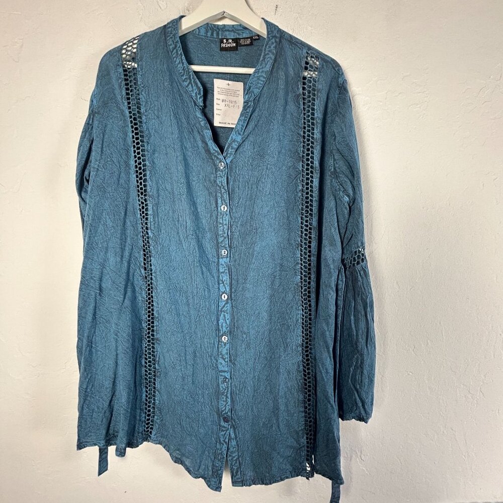 S.R. Fashion Womens Button Down Bell Sleeved Lace Inset Tunic Top XXL Blue New